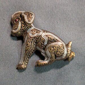 Vintage Damascene-Style Sitting Dog Pin Ornate Design Red Gemstone Eye Gold & Bl